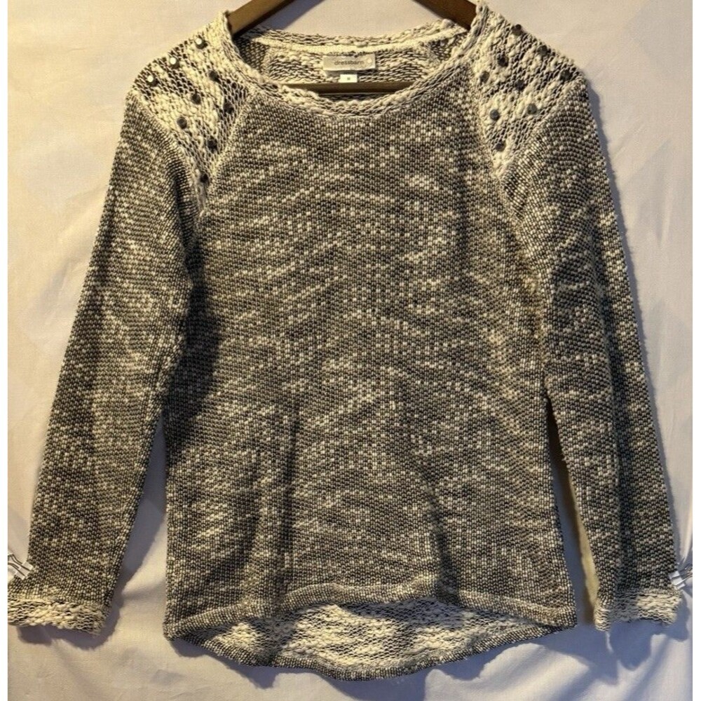 Dressbarn Petite Medium Marled Studded Knit Sweater Open Stitch Shoulder